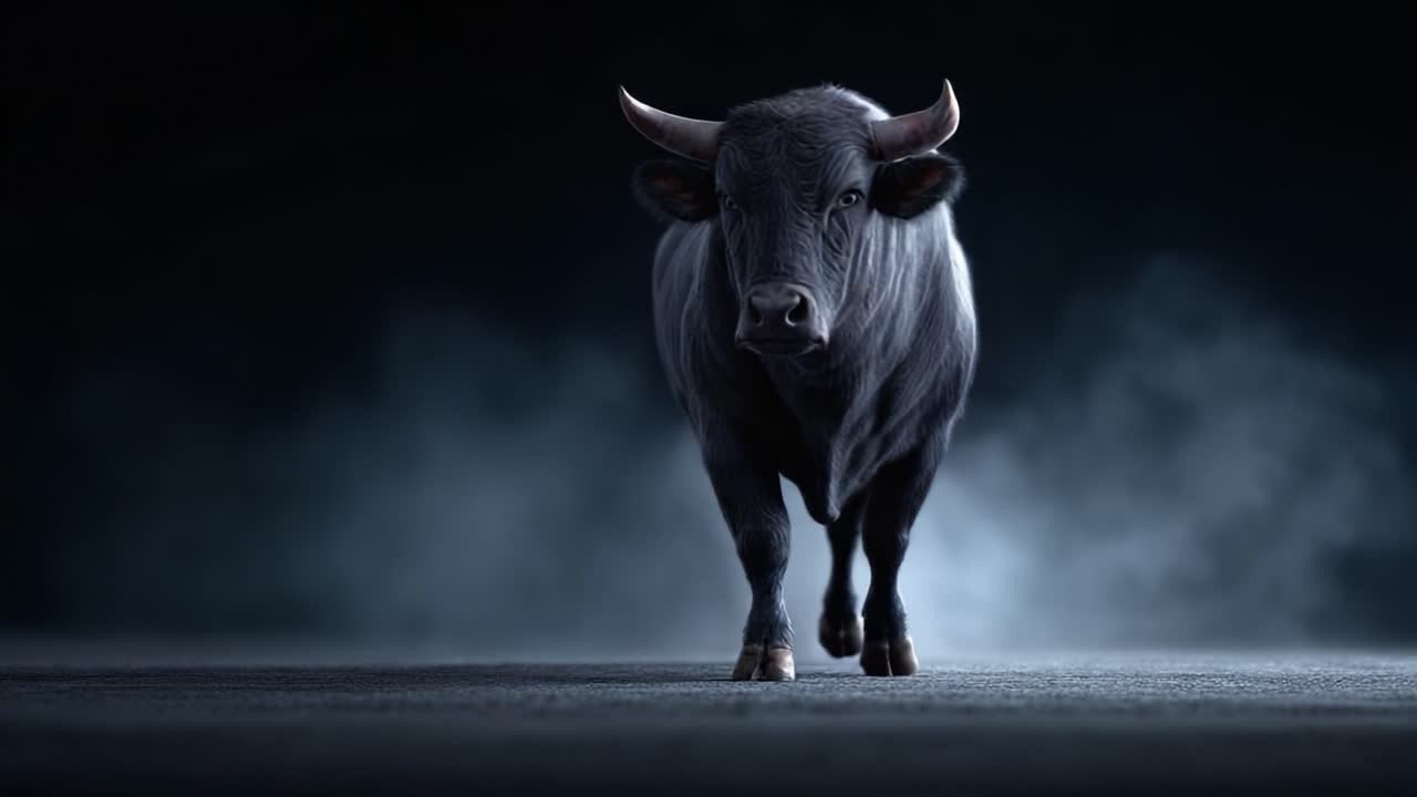 A Majestic Bull Stands Boldly Against a Dark Background, Exuding Strength and Presence in a Captivating Natural Setting with a Hint of Mist and Mystery