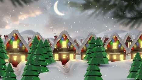 Animation-Von-Schnee,-Der-über-Schneebedeckte-Häuser-Fällt,-Die-Mit-Weihnachtslichtern-Und-Mond-Geschmückt-Sind
