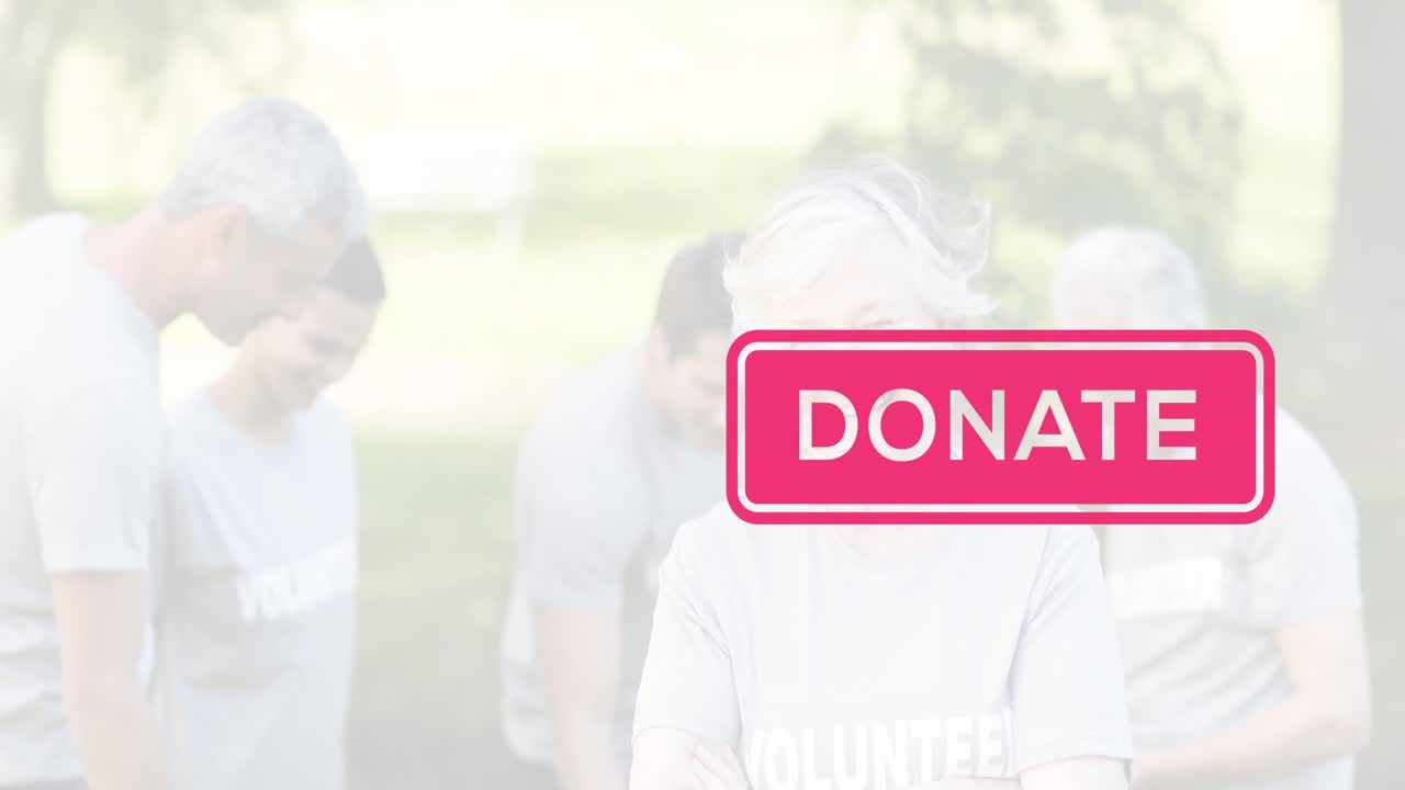 animación de un grupo diverso de voluntarios sobre el texto de donación