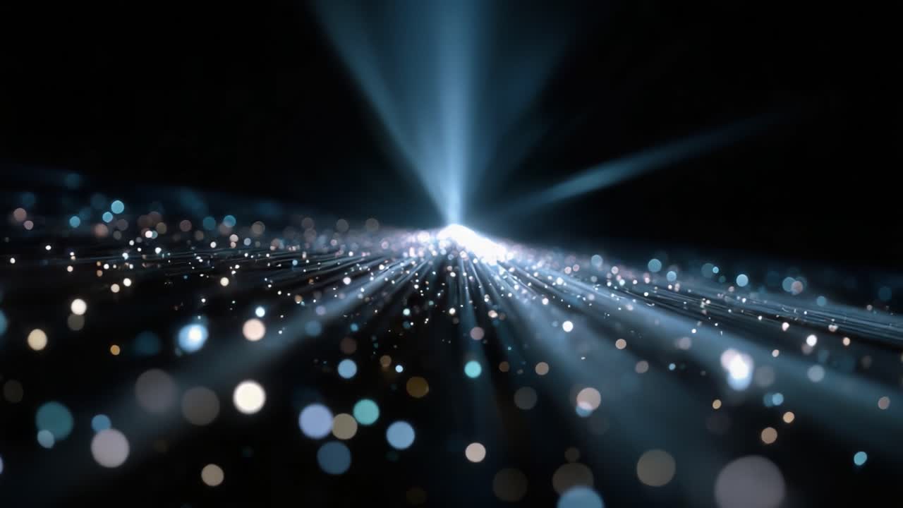 Affascinante viaggio di un raggio di luce attraverso uno spazio scintillante, pieno di particelle luminose e raggi radianti, per un'esperienza visiva mozzafiato