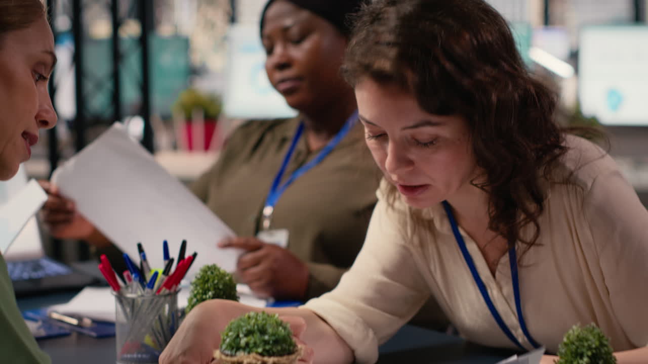 Professional group of female associates analyzing project documents