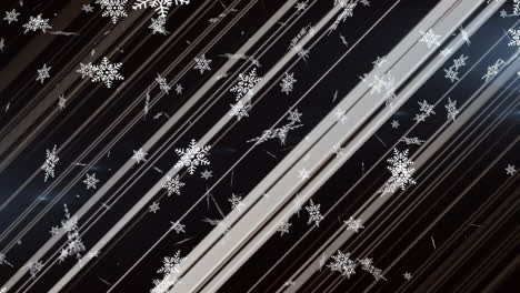animación de nieve cayendo sobre rayas en movimiento sobre fondo negro