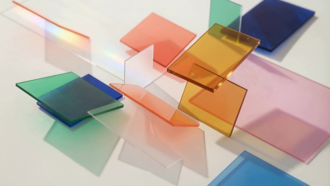 Sequenza in avvio, pannelli traslucidi si inclinano e scorrono su un tavolo da studio, proiettando luce arcobaleno.