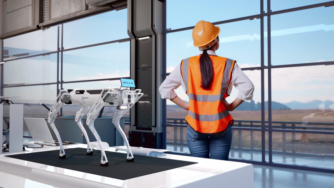 Full Body Back View Of A Female Engineer Wearing Safety Helmet Looking Around While Standing With Arms Akimbo In High Tech Factory, Analyzing Robotic Machine Concept