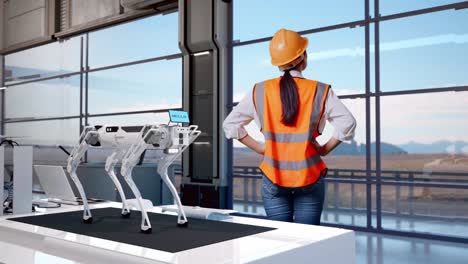 vista trasera completa del cuerpo de una ingeniera que usa un casco de seguridad mirando a su alrededor mientras está de pie con los brazos akimbo en una fábrica de alta tecnología, analizando el concepto de máquina robótica