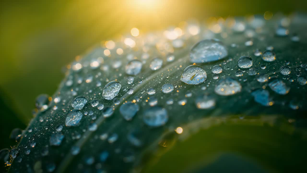 Showing curved green leaf holding droplets at garden closeup, sun rising and brightening highlights