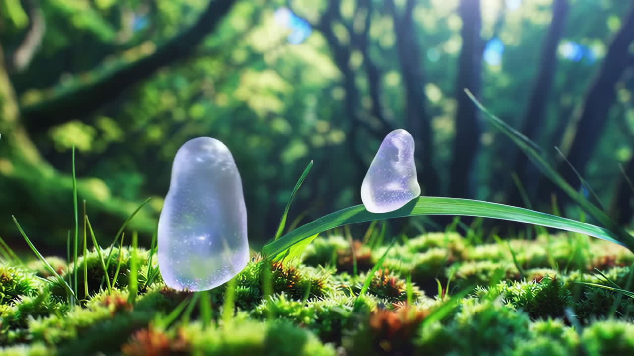 Glowing Transparent Stones on Grass in a Forest