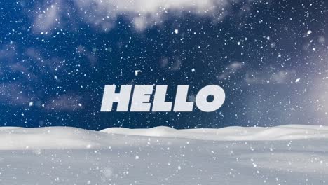 Animation-of-hello-over-snow-falling-over-winter-landscape