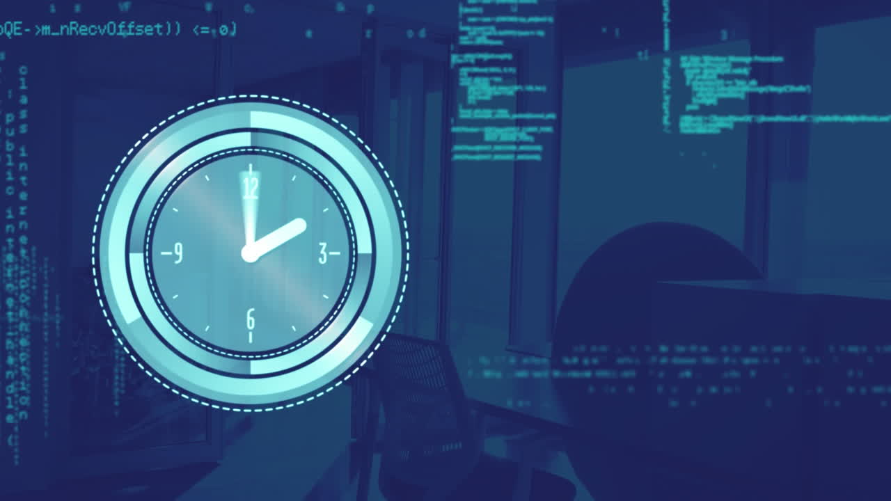 Digital clock ticking and data processing against empty office in background