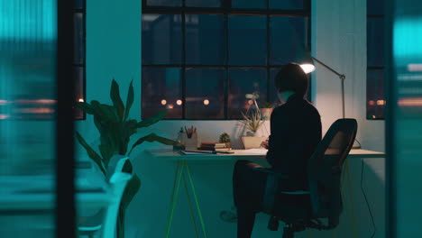 Woman,-night-and-business-office-with-light