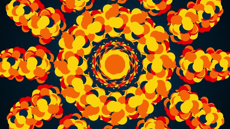 Computer generated abstract background from flashing colored circles. Kaleidoscope converts colorful particles into an image, 3D rendering