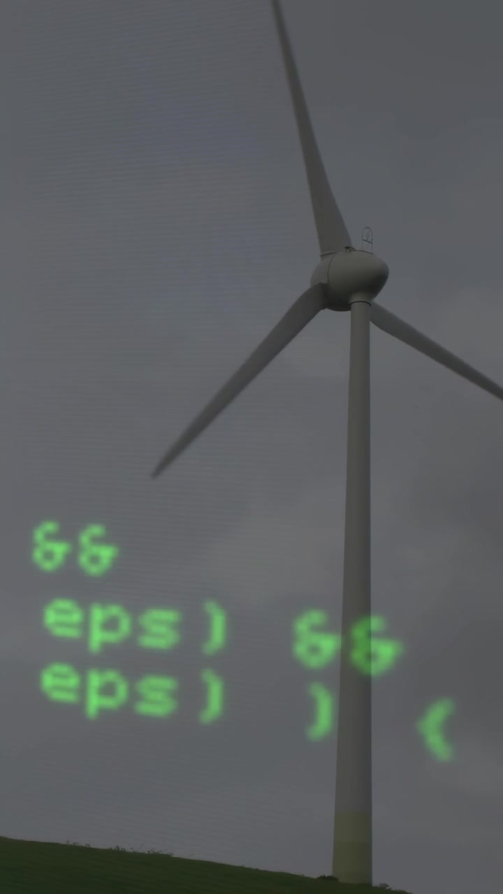 Green code appearing across grey sky causing turbine sliding and blades spinning showing wind power
