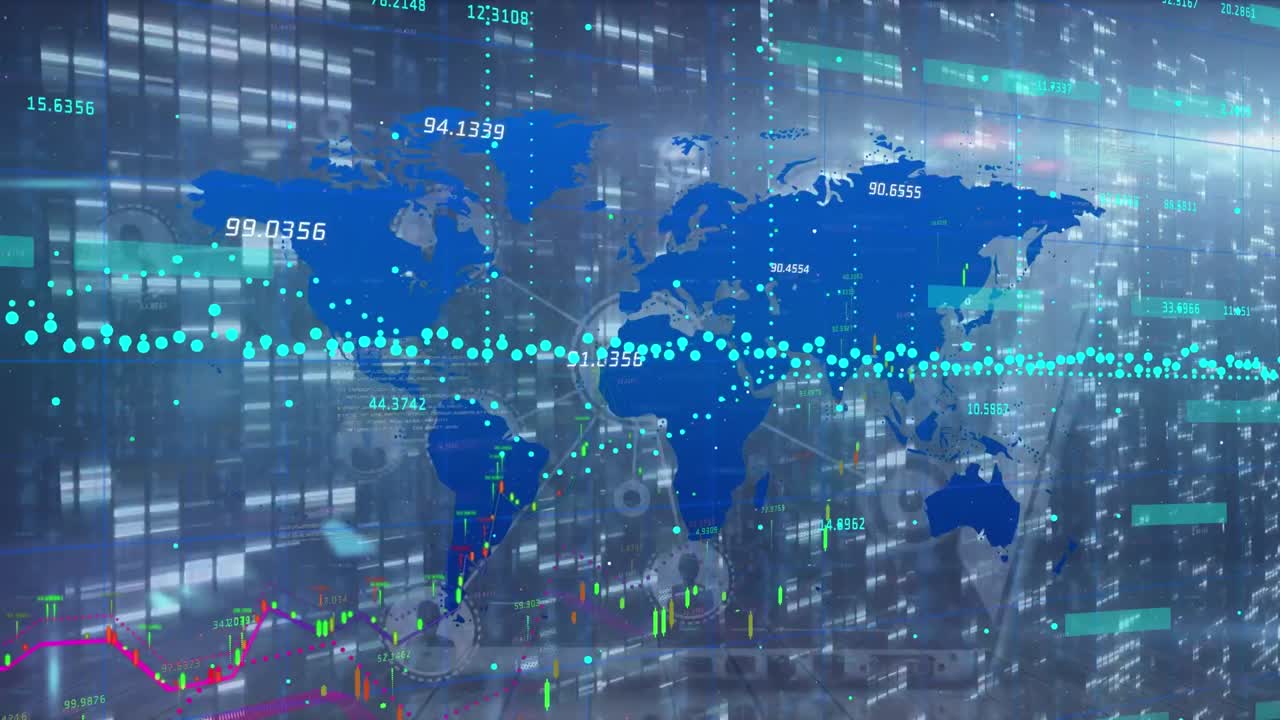 지도와 움직이는 숫자 및 그래프와 점을 연결하는 그래픽 인터페이스의 애니메이션