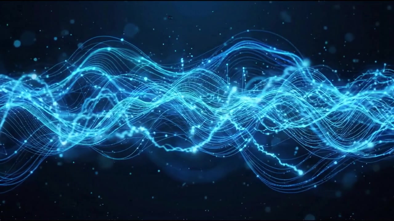 Luminous bright cyan information waves moving through a dark data field