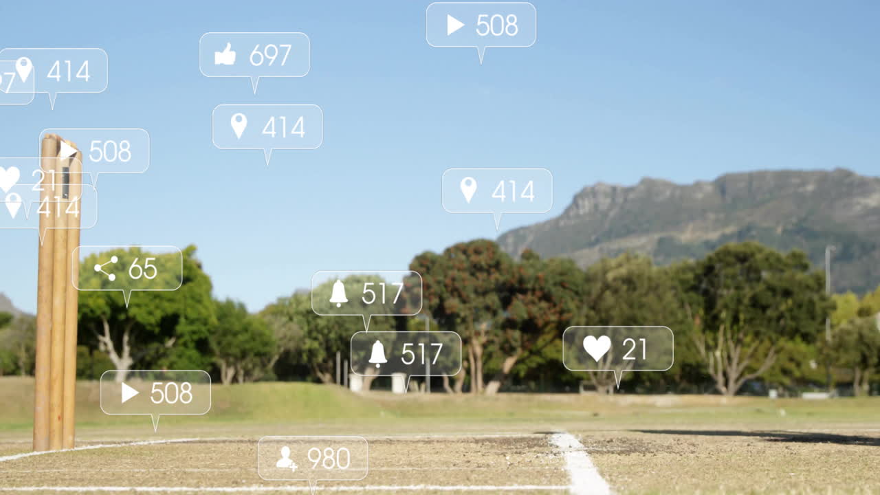 Social media interaction icons animation over cricketer playing on field