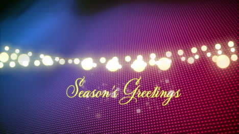 animation of seasons greetings text over spots on purple background