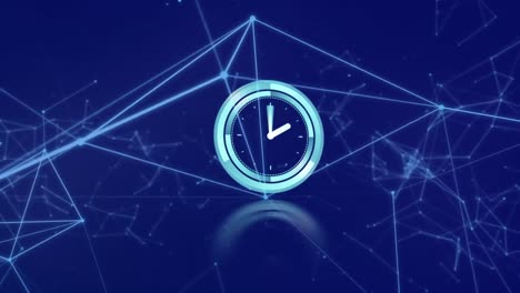 animación del reloj y la red de conexiones sobre fondo azul oscuro