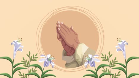 manos del sacerdote orando y flores