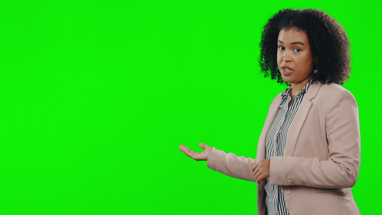 Broadcast, green screen and woman face with mockup