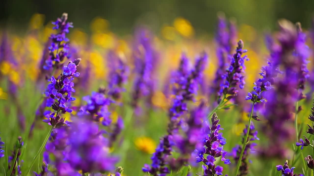 Video vivace di un prato di fiori selvatici con fioriture viola e gialle