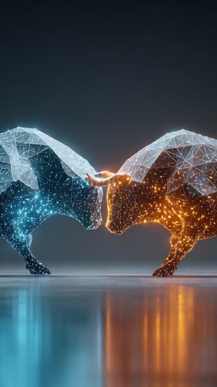 Dynamic Collision of Digital Bulls: A Stunning Visual Representation of Market Competition and Strength, Captured in a High-Tech Rendered Style with Bright Colors