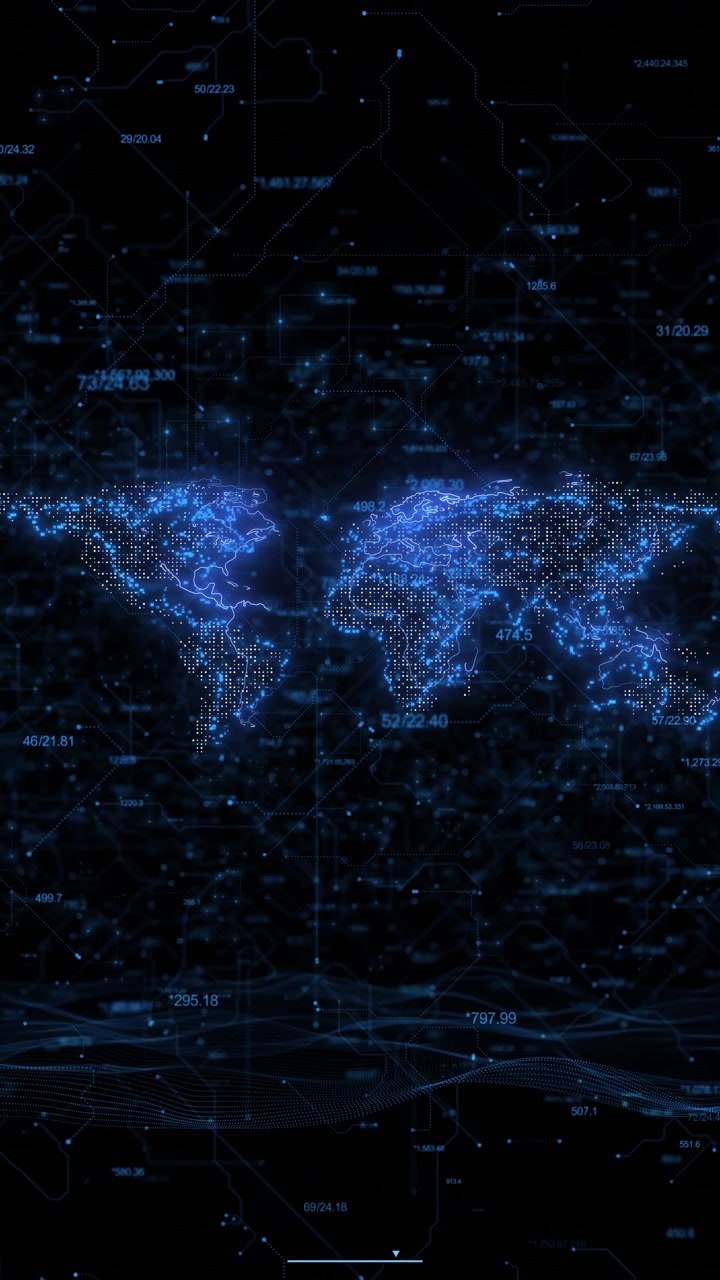 Digital world analytics map visual blue continent lights data numbers futuristic cyber interface