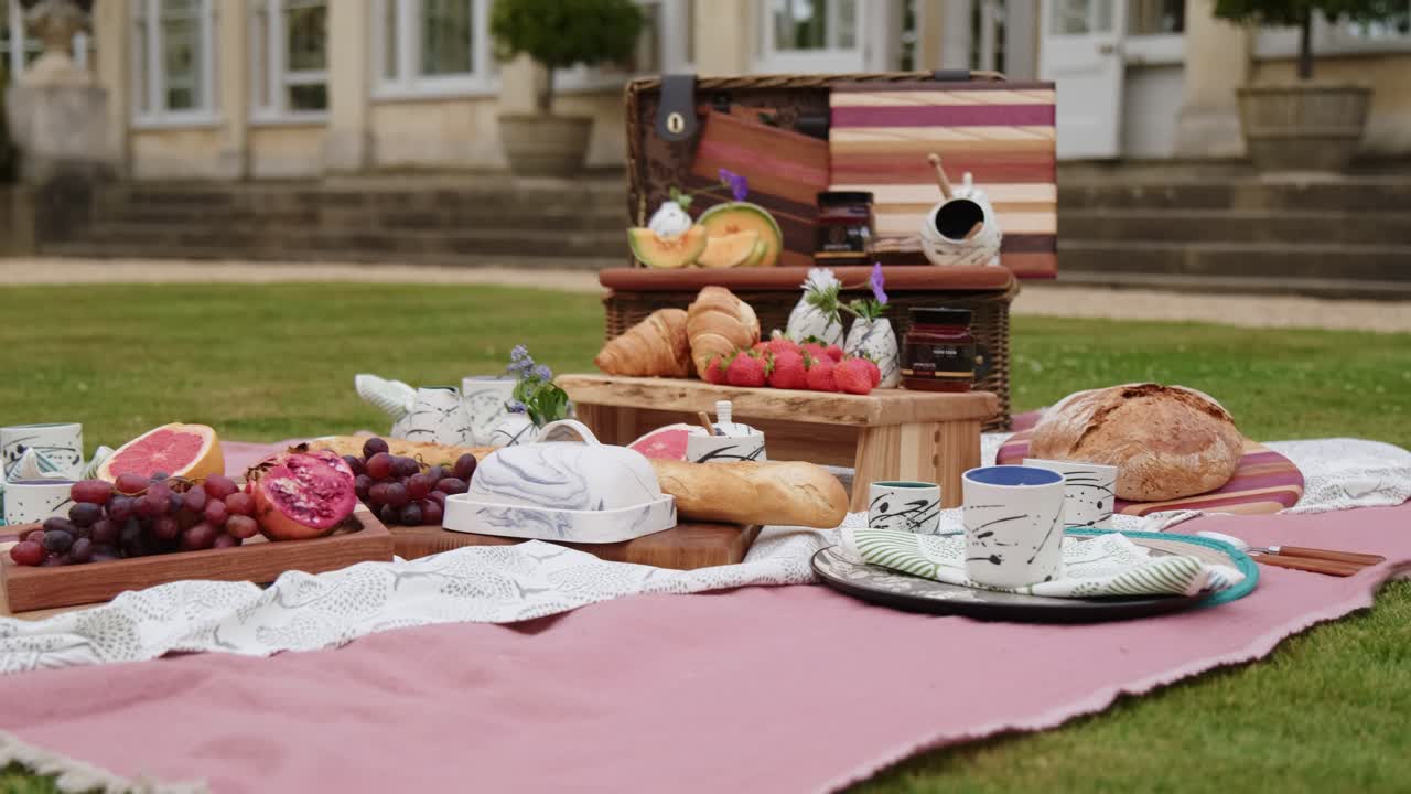 Wide shot of picnic basket with a lot of delicious food placed on picnic blanket during warm sunny day.