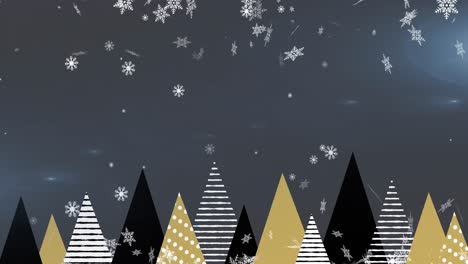 Animation-of-snow-falling-over-trees-on-black-background