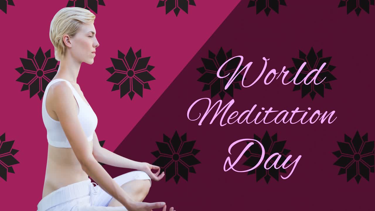 Animation af tekst om verdens meditationsdag med kaukasisk kvinde, der mediterer, på lyserød baggrund