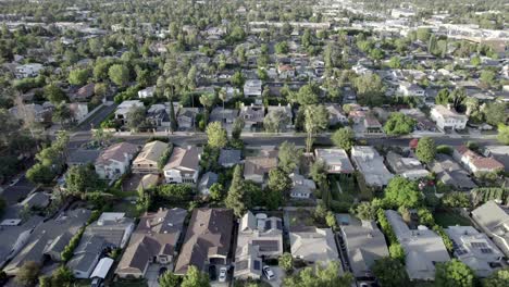 rising aerial, sherman oaks neighborhood of homes in afternoon