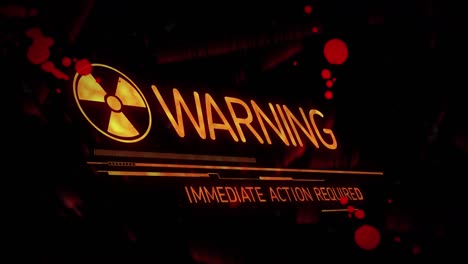 Animation-of-nuclear-symbol-and-warning-text-over-black-background