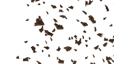 volando muchas piezas de chocolate en fondo negro. alimentos y dulces. leche y oscuro. animación de bucle 3d de chocolate girando.