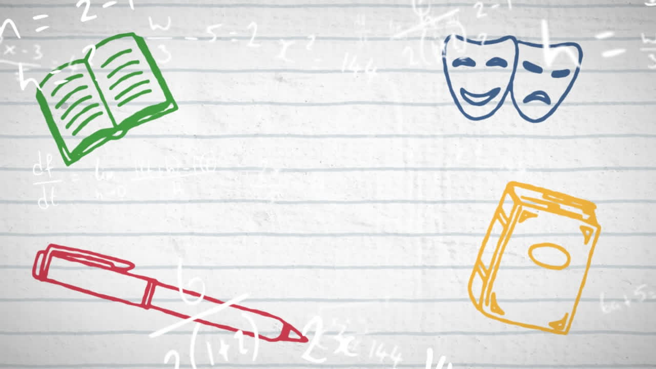 학교 개념 아이콘의 디지털 애니메이션을  ⁇  줄로 된 종이에 수학 방정식과 비교합니다.