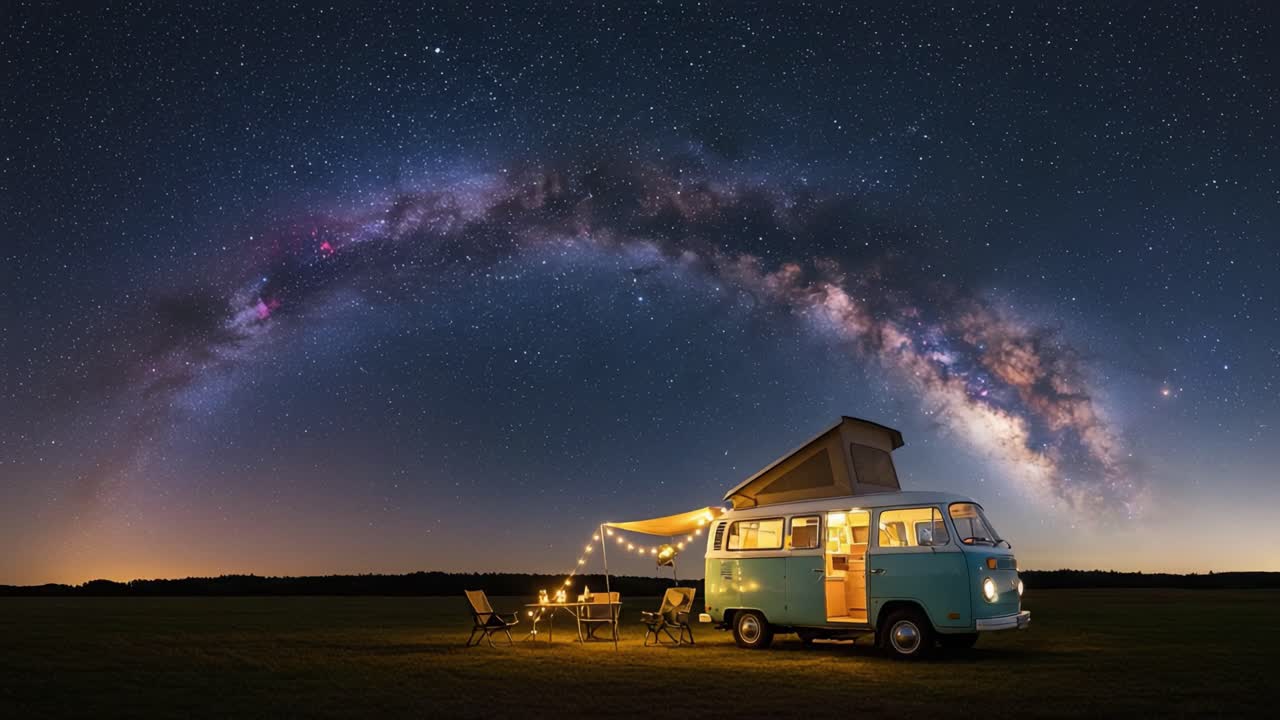 A Charming Vintage Van Under a Starry Sky: Capturing the Beauty of the Milky Way in a Tranquil Outdoor Setting with Cozy Lights and Comfortable Seating