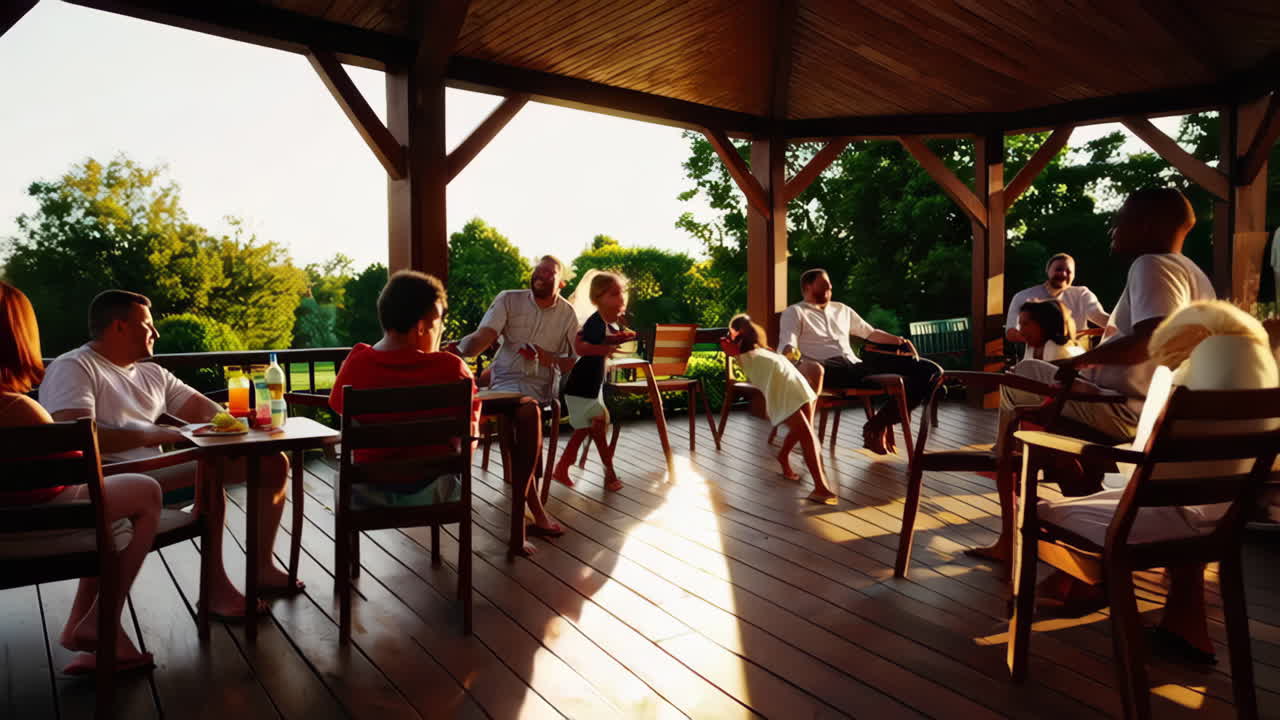 Happy Family Moments on an Outdoor Deck at Sunset