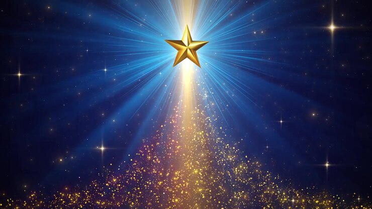 Golden star shines sparkling triangular christmas tree formed by glowing particles radiant beams on