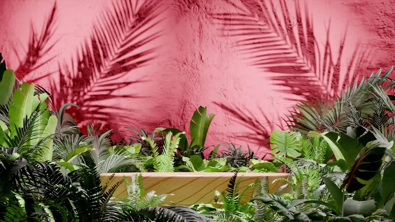 Wooden podium surrounded by tropical green foliage with palm leaf shadows on red textured wall. Minimalist product display template. Summer botanical and nature. wallpaper with copy space
