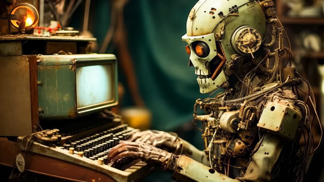 un robot sentado en un escritorio escribiendo en una computadora