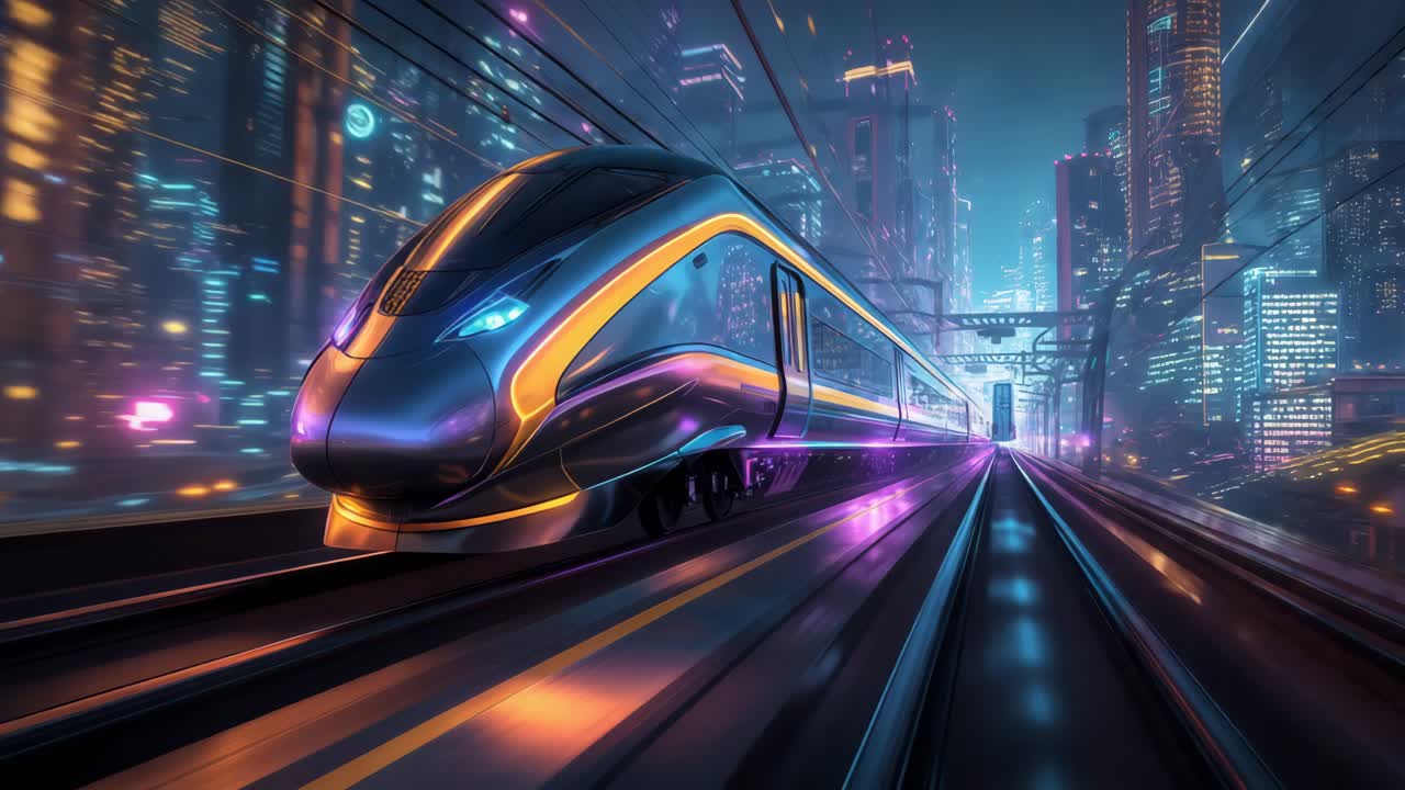 밤에는 네온 조명 도시에서 미래의 고속 열차