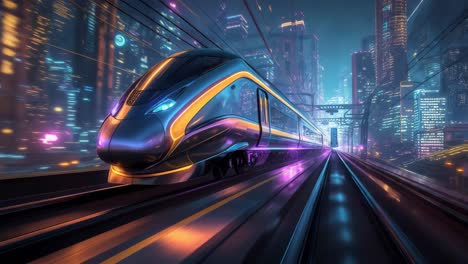 futuristic high-speed train in a neon-lit city at night