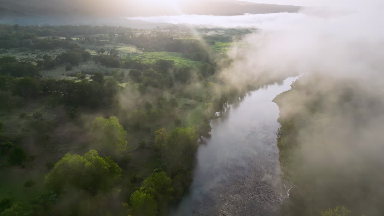 Aerial drone view of a river at sunrise with morning mist floating above the water and golden sunlight reflecting on the surface in Baja