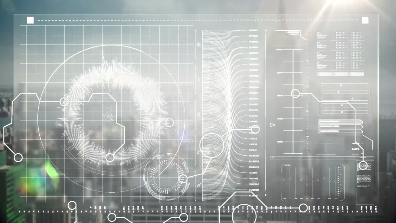 도시 풍경 위의 화면에 다양한 데이터의 애니메이션