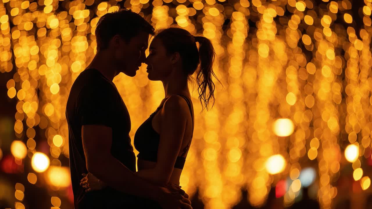 A Romantic Silhouette of a Couple Embracing, Sharing an Intimate Moment Amidst a Beautiful Backdrop of Glowing Yellow Lights That Evoke Feelings of Love and Connection