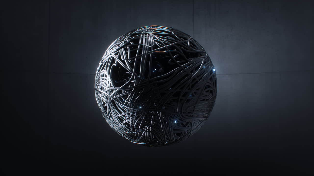 Futuristic glowing sphere made of intertwined plastic cables