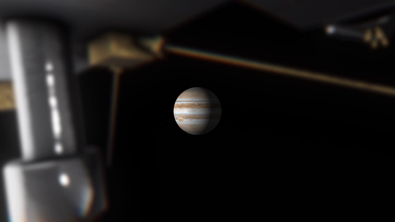 POV from Juno Probe Spacecraft Approaching Jupiter the Largest Planet in the Solar System with Giant Red Spot Storm and Scientific Instruments Visible. 3D Science Space Animation ProRes 4K.