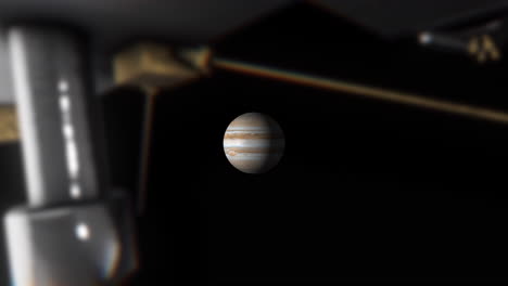 pov from juno probe spacecraft approaching jupiter the largest planet in the solar system with giant red spot storm and scientific instruments visible. 3d science space animation prores 4k.