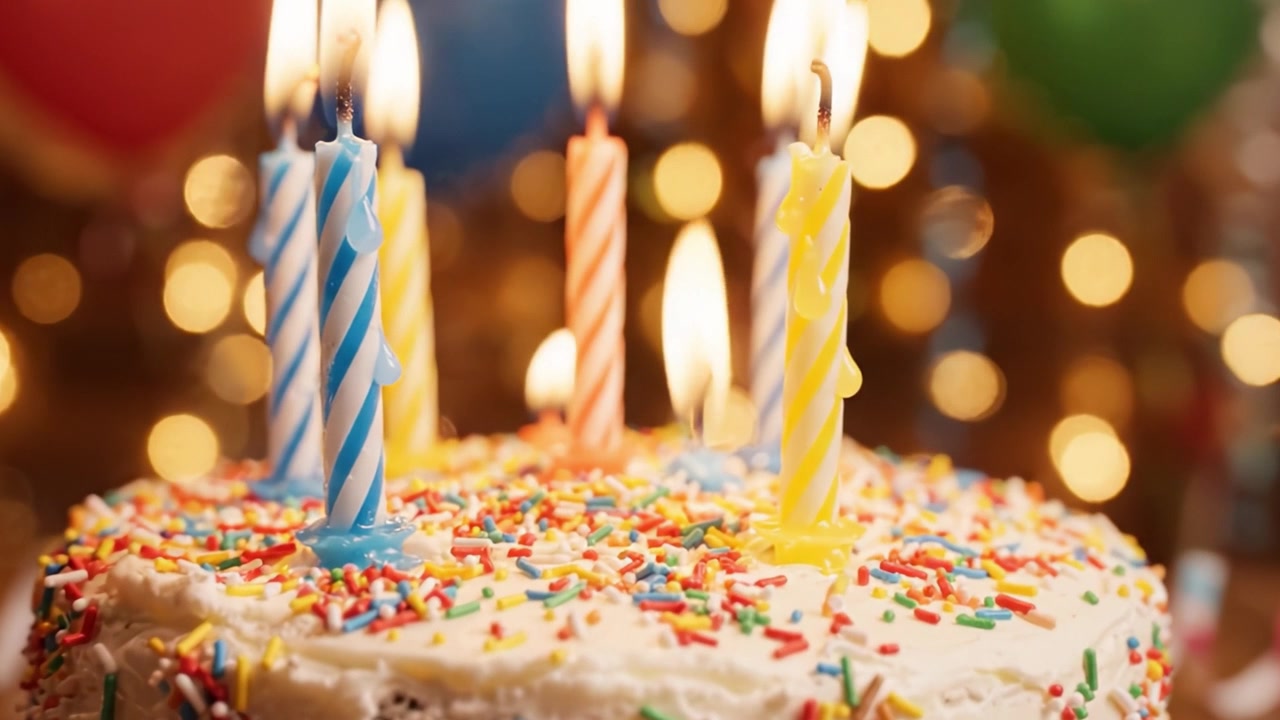 Una Torta di Compleanno Festosamente Decorata con Codette Colorate e Candeline, in Mezzo a un Allestimento per la Celebrazione con Palloncini e Luci Scintillanti