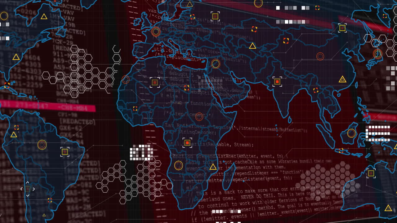 Animation of digital world map with data processing symbols on red background
