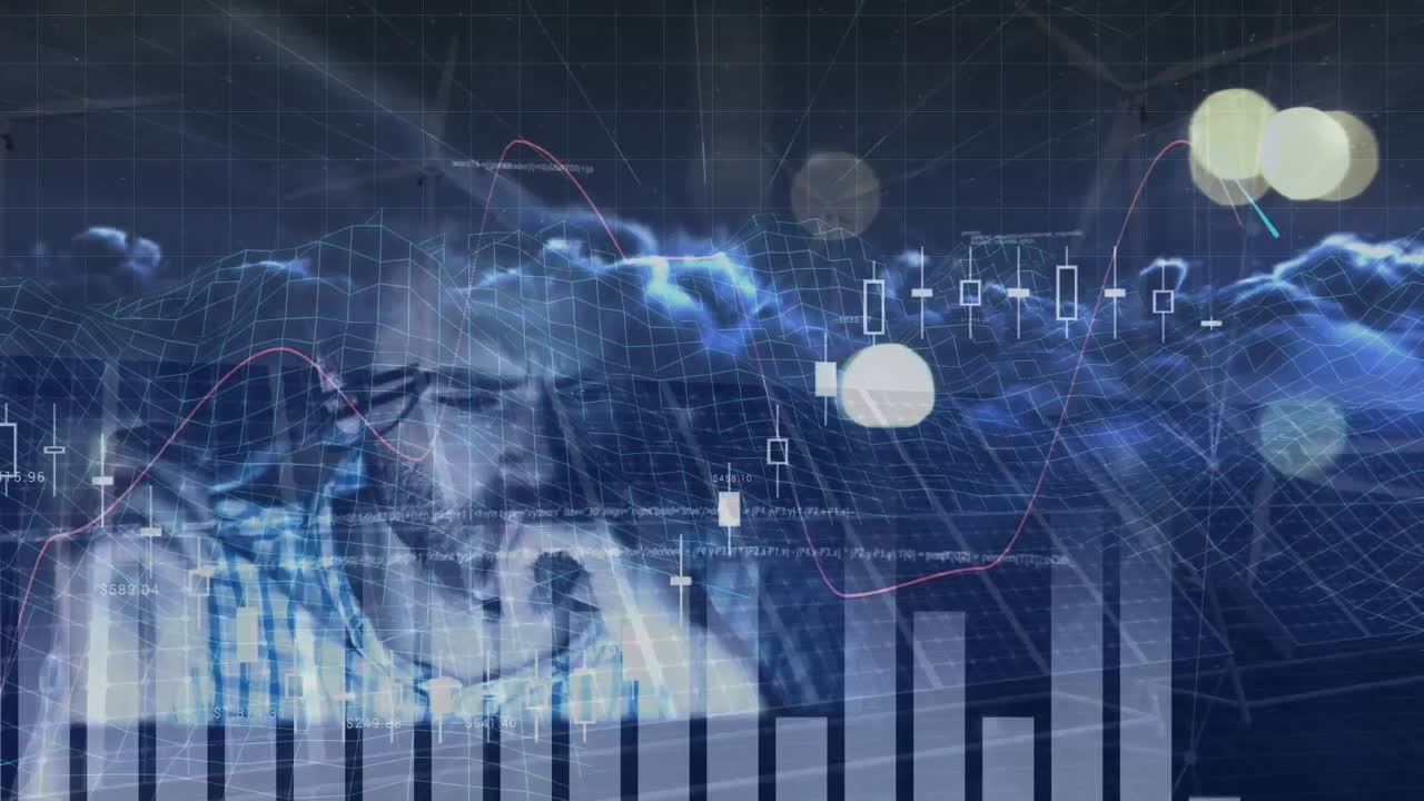 Animation of moving bar graph, data and clouds over tired caucasian businessman working on computer
