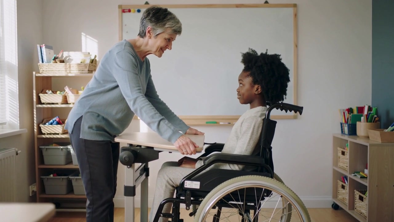 Plaçant une tablette de bureau, un enseignant en pull bleu ajustant et sécurisant un enfant en fauteuil roulant à l'école.